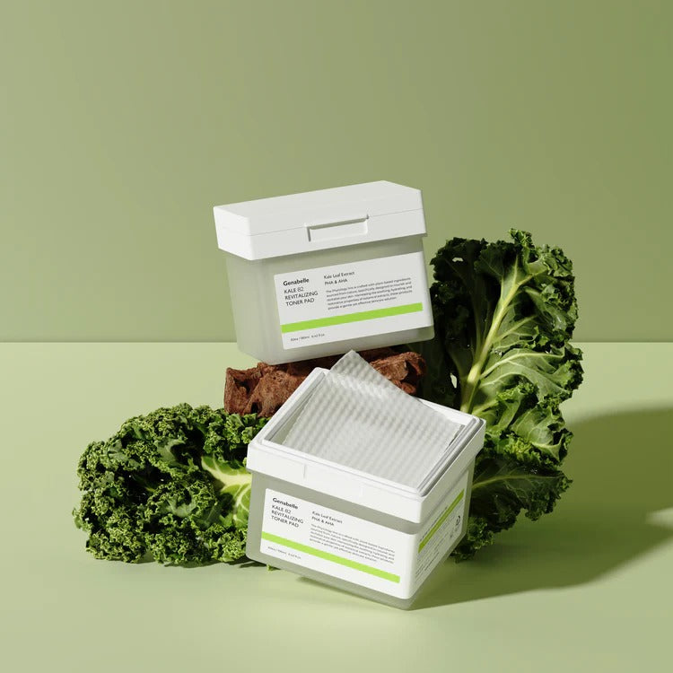 GENABELLE Kale 82 Revitalizing Toner Pad 60ea packaging with fresh kale in the background, highlighting its natural ingredients and benefits.