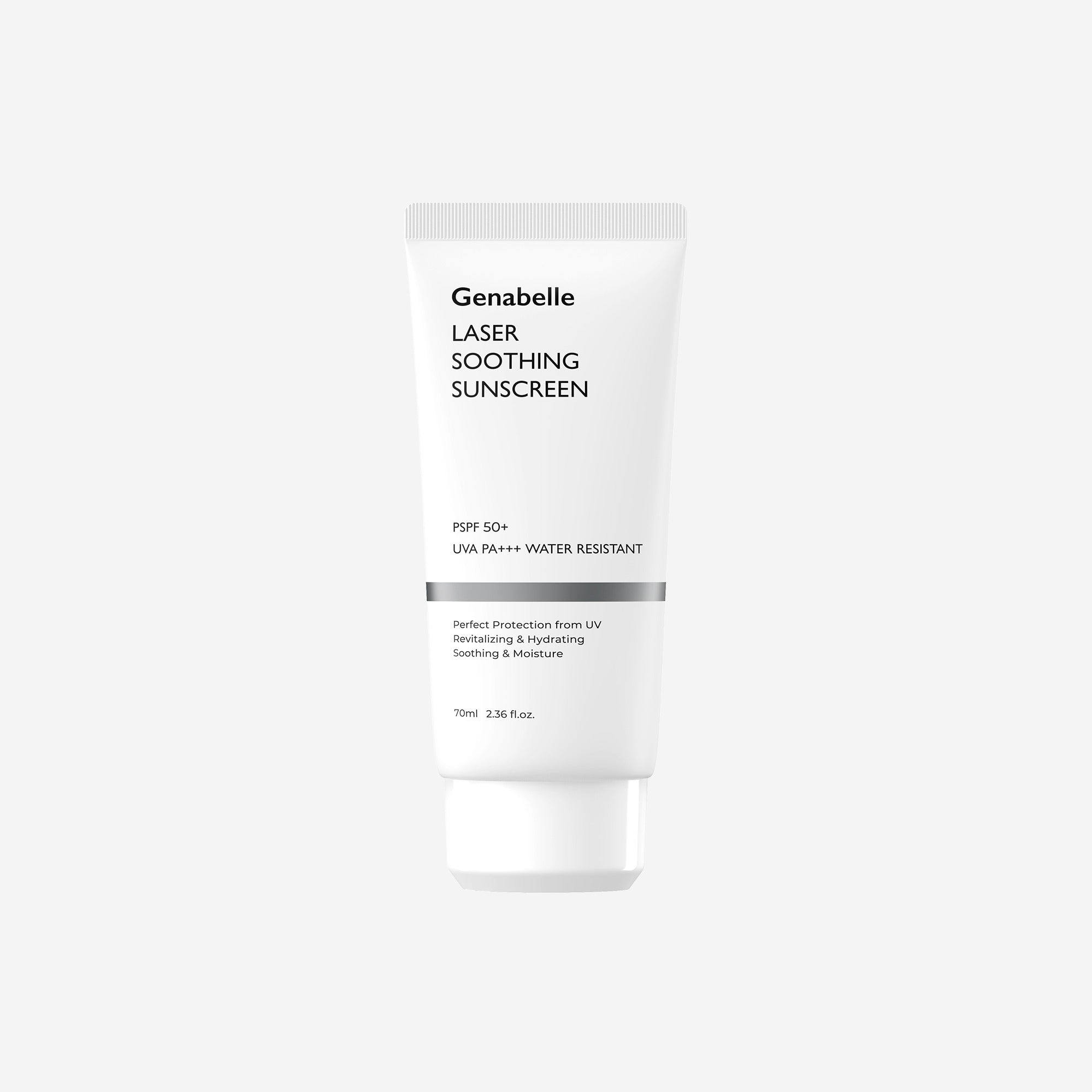 GENABELLE Laser Soothing Sunscreen 70ml tube with SPF 50+ and UVA protection, water-resistant packaging, ideal for hydration and soothing.