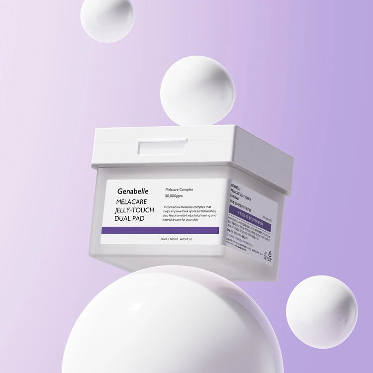 GENABELLE Melacar Jelly Touch Dual Pad 60ea on a vibrant purple background with floating white spheres.