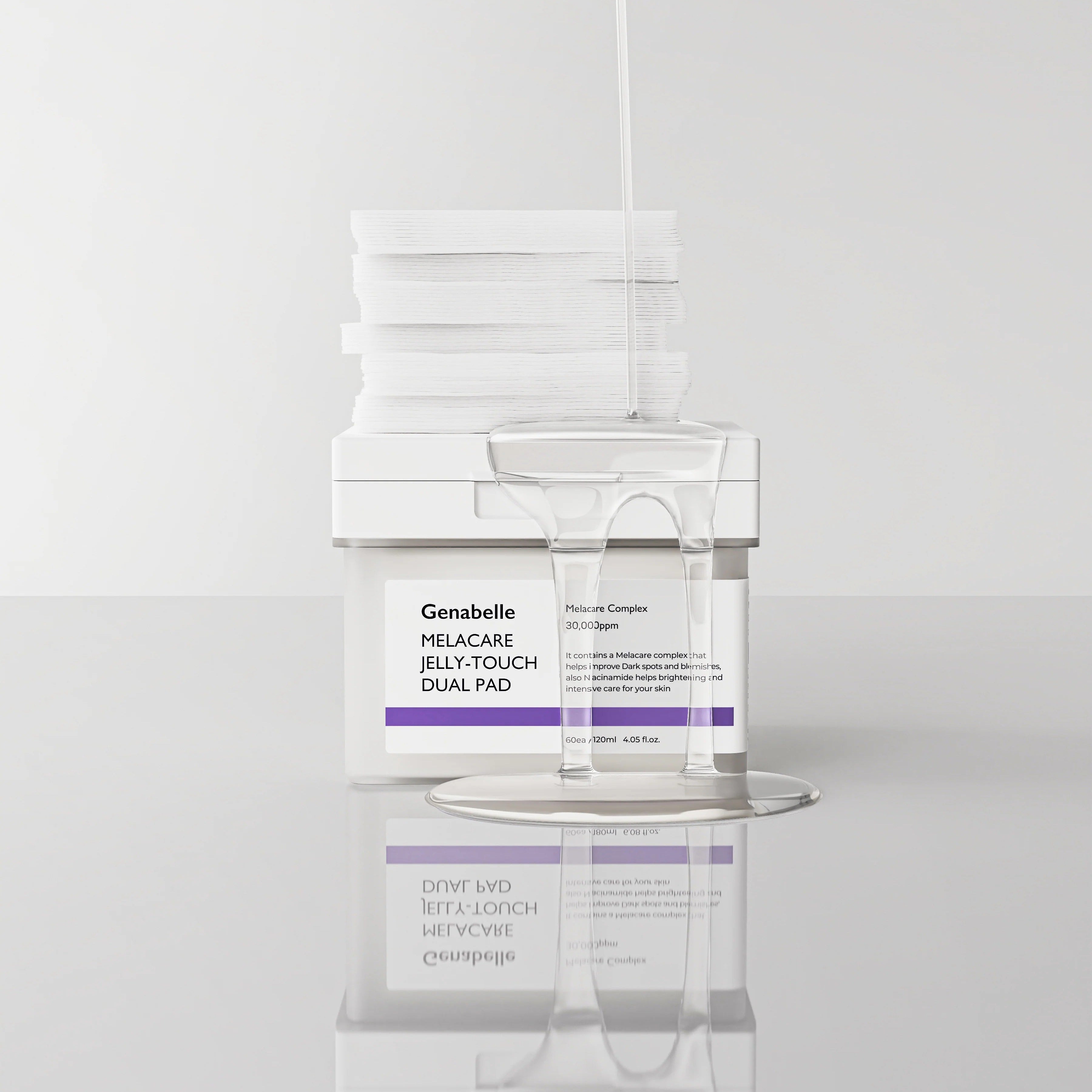 GENABELLE Melacar Jelly Touch Dual Pad 60ea product image with pad stack and clear liquid on reflective surface