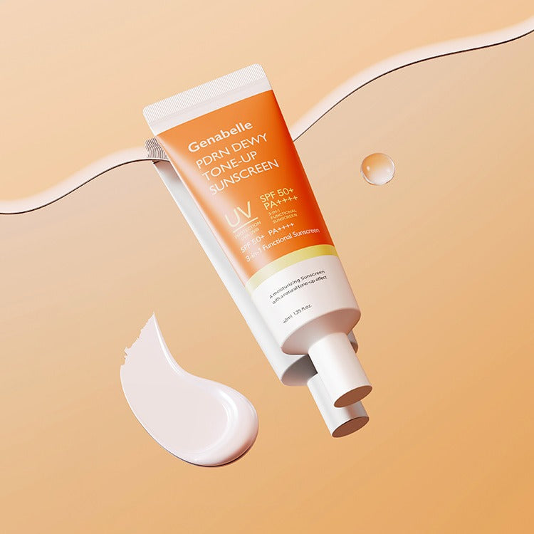 GENABELLE PDRN Dewy Tone-up Sunscreen 40ml with SPF displayed on a peach background.