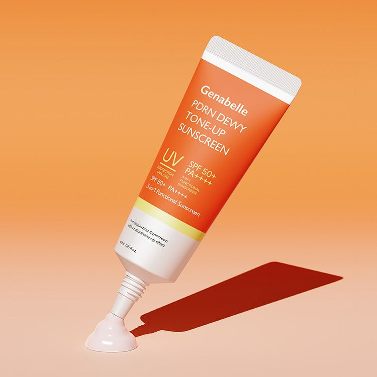 GENABELLE PDRN Dewy Tone-up Sunscreen 40ml tube on orange background with shadow
