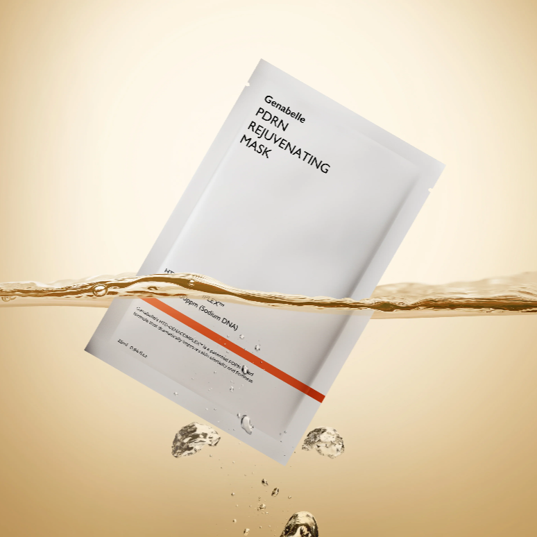 GENABELLE PDRN Rejuvenating Mask 5ea floating against an elegant background, featuring skincare packaging design for revitalization.