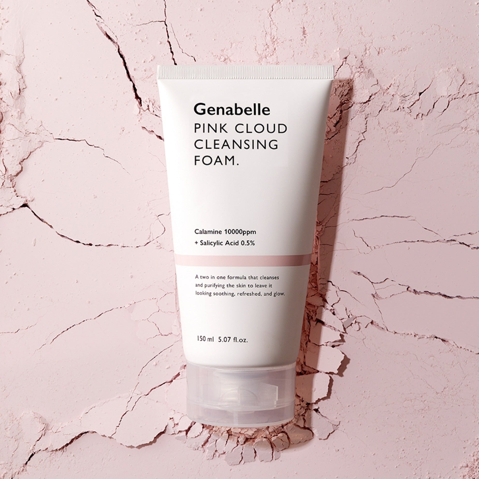 GENABELLE Pink Clound Cleansing Foam 150ml on textured pink background, highlighting beauty and skincare packaging.