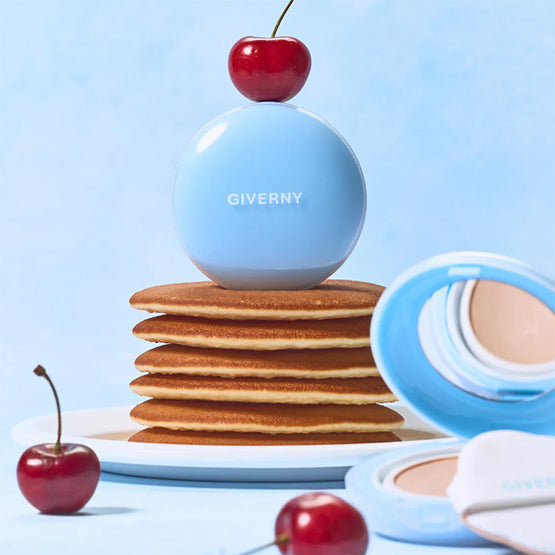 GIVERNY Cloud Mesh Cushion 15gX2 (Main Product + Refill) (SPF 40, PA++) displayed with pancakes and cherry.