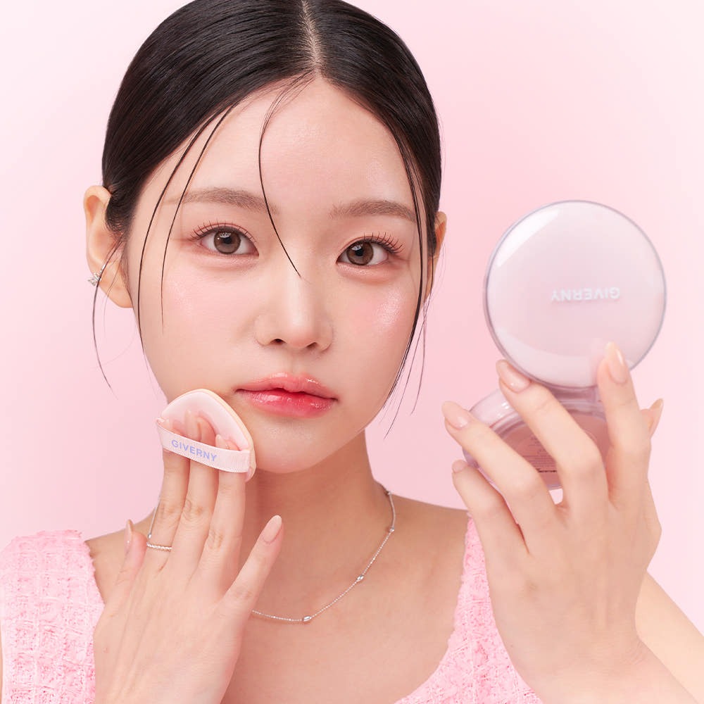 Woman applying GIVERNY Dewy Glassy Cushion 13gX2 (Main Product + Refill) (SPF 50+ PA+++) for flawless skin with cushioned puff