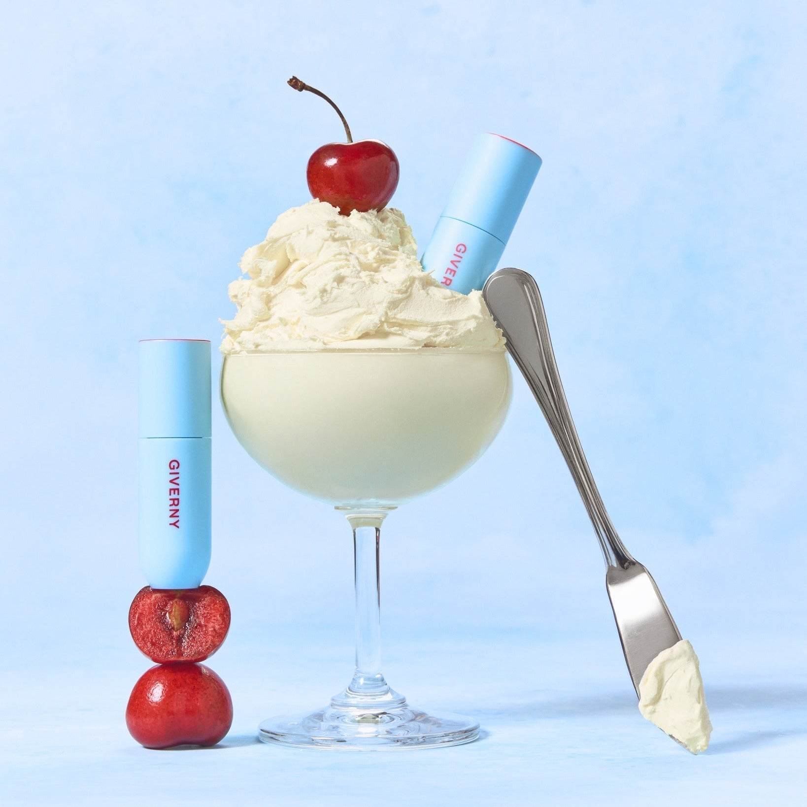 GIVERNY Fluffy Sheer Tint 3.5g displayed creatively with whipped cream and cherry, focusing on luxurious lip color presentation.