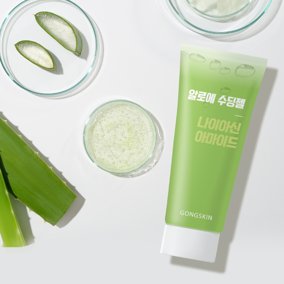 GONGSKIN Aloe Niacinamide Massage Soothing Gel 100ml with aloe slices and gel in bowls, soothing skincare product image