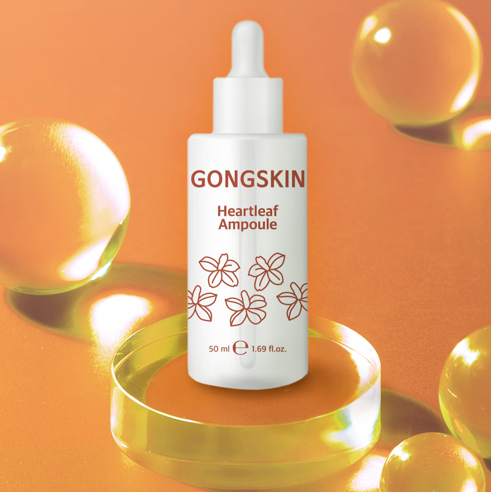 GONGSKIN Heartleaf Ampoule 50ml on orange background with dewy effect showcasing skincare product