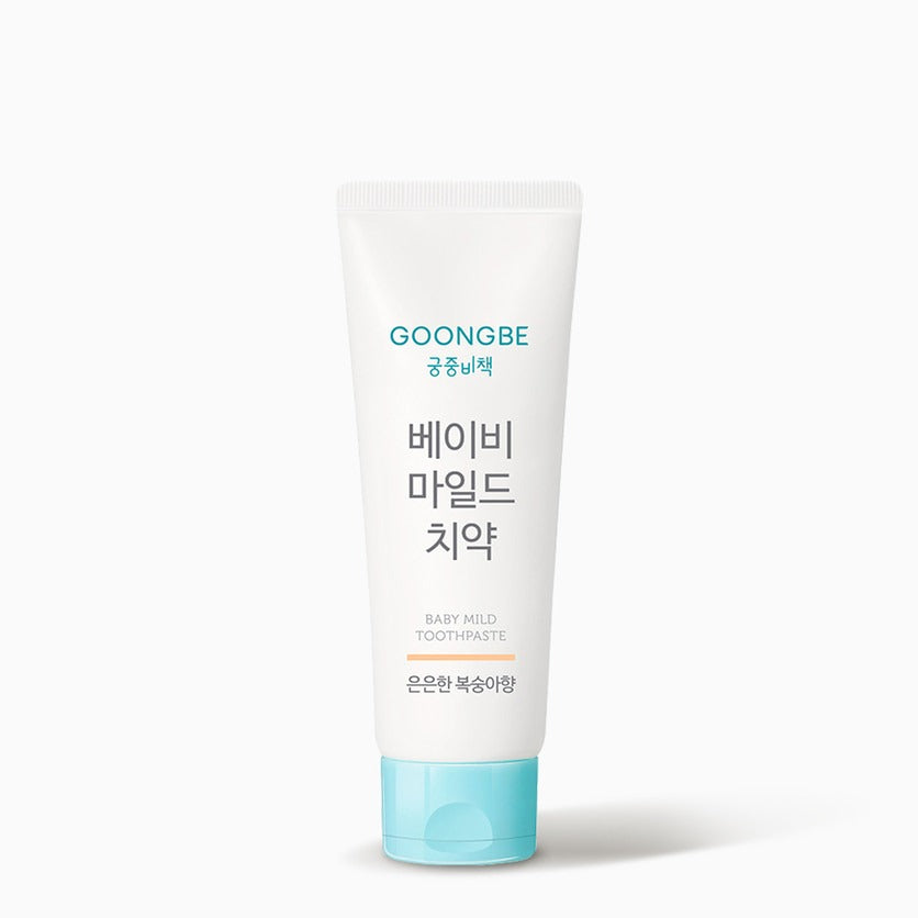 GOONGBE Baby Mild Toothpaste 80g ( Peach Flavor ) in white tube with blue cap, suitable for infants, Korean text on the tube