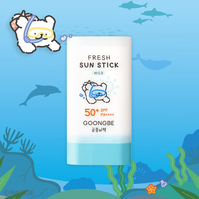 GOONGBE Fresh Sun Stick Mild 23g [Gungjungbicheok x Maltese] product packaging with ocean theme illustration.