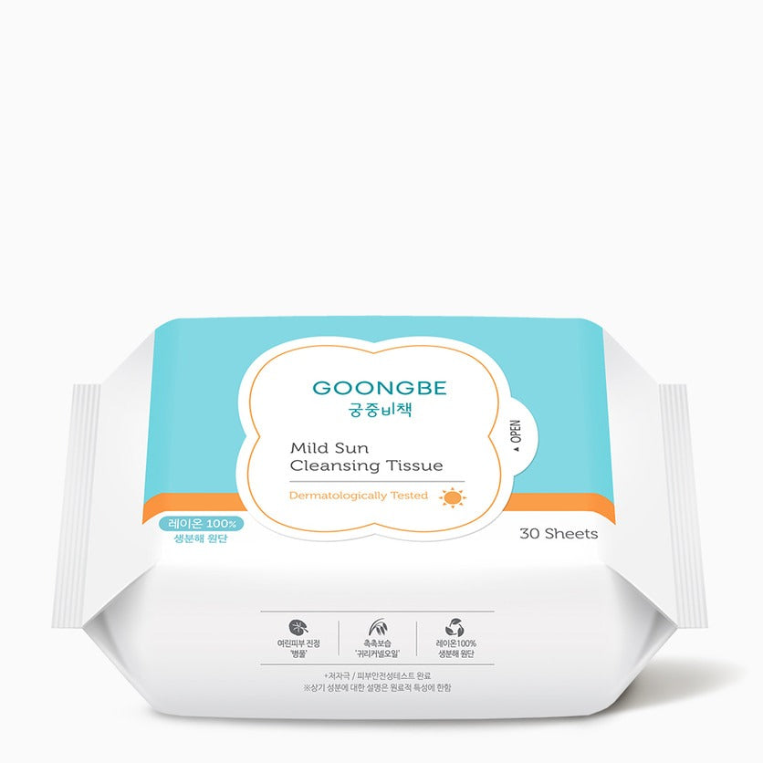 GOONGBE Mild Sun Cleansing Tissue 30 sheets pack with dermatologically tested label displayed on packaging.