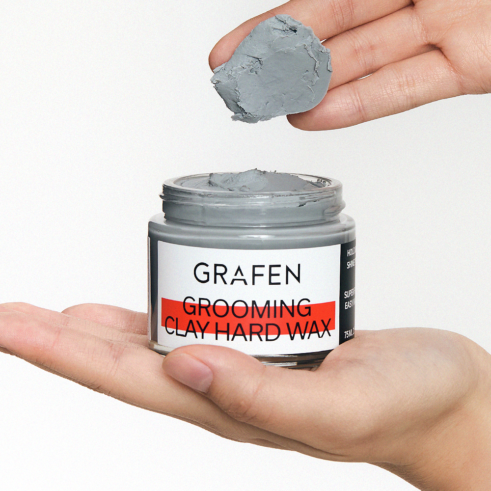 GRAFEN Grooming Clay Hard Wax 75ml in hand, grey clay wax scoop, Gentleman Korea export for men's grooming