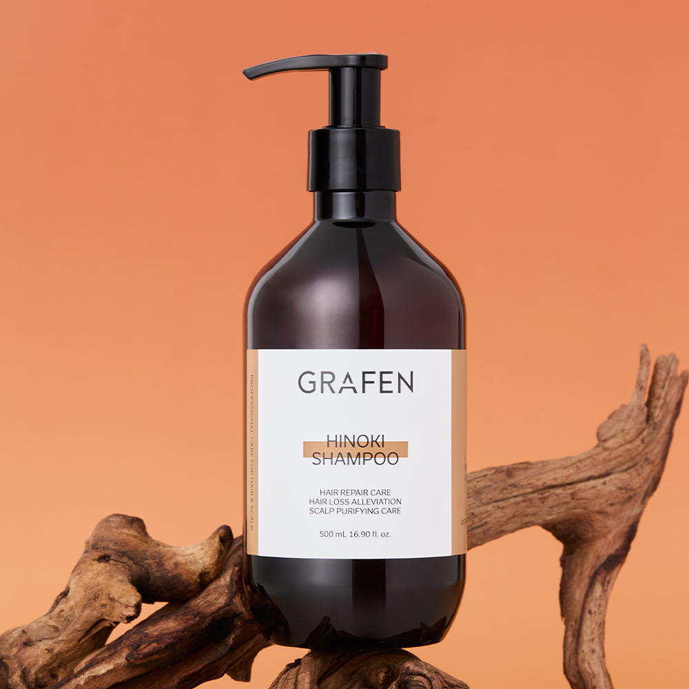 GRAFEN Hinoki shampoo 500ml bottle on wooden prop, Gentleman Korea Korean men’s hair care product