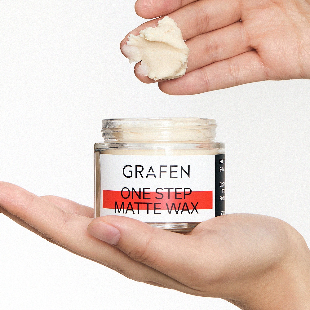 GRAFEN One-Step Matte Wax 70g held in hands with product texture visible – Gentleman Korea premium matte hair wax for men