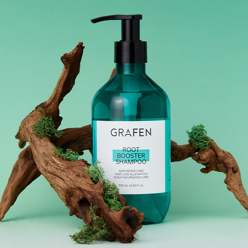 GRAFEN Root Booster Shampoo 500ml bottle on green background with natural driftwood accents - Gentleman Korea male skincare export