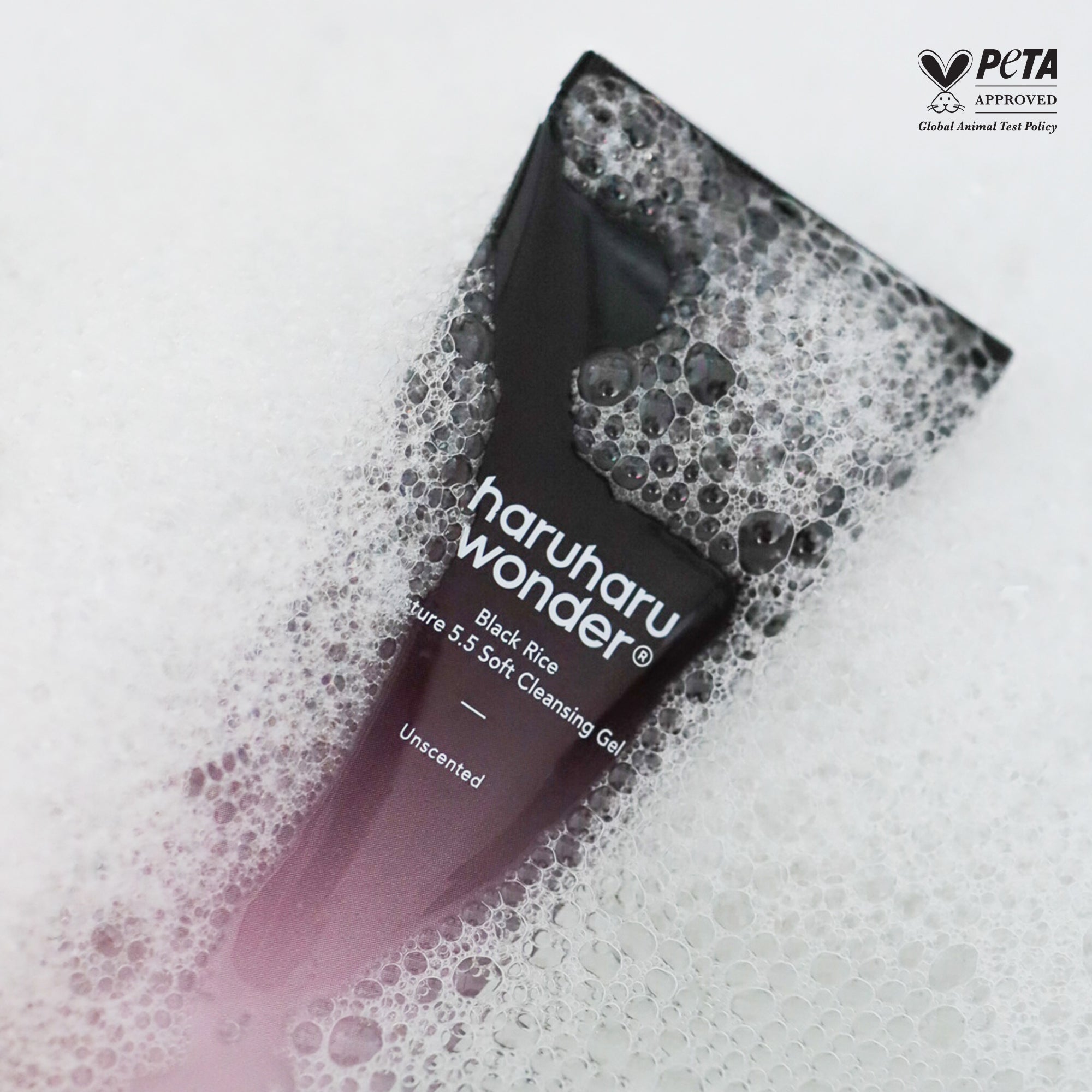 HARU HARU Black Rice Moisture Mildly Acidic Soft Cleansing Gel 100ml in packaging with bubbles, PETA approved.