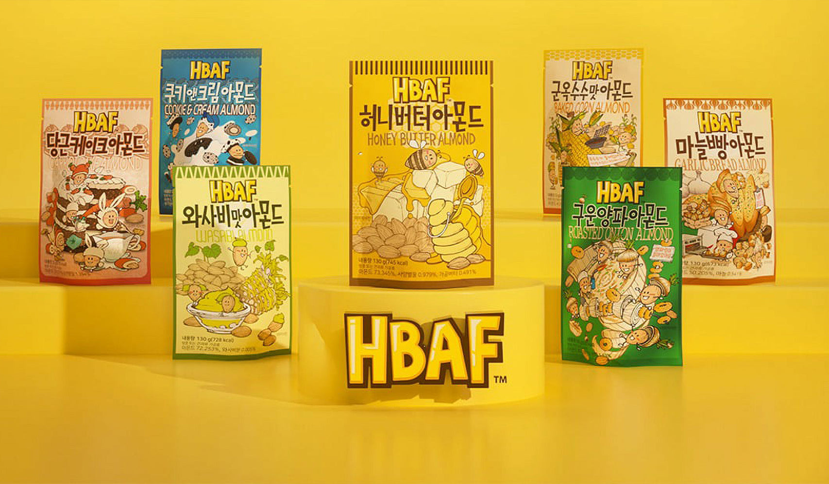 HBAF assorted flavored almond packages displayed on a yellow background, including honey butter, garlic bread, and praline flavors.