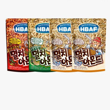 Four packages of HBAF Anchovy & Almond Snacks 100g in different flavors.