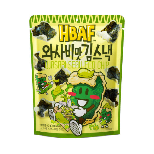 HBAF Seaweed Chips 40g packaging displaying wasabi flavor with cartoon design.
