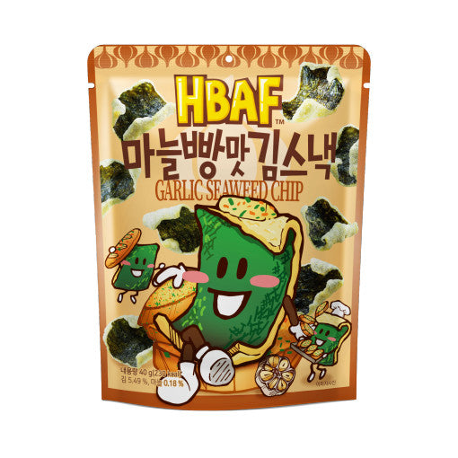 Pack of HBAF Seaweed Chips 40g with garlic flavor, featuring lively packaging and illustrations on the front.