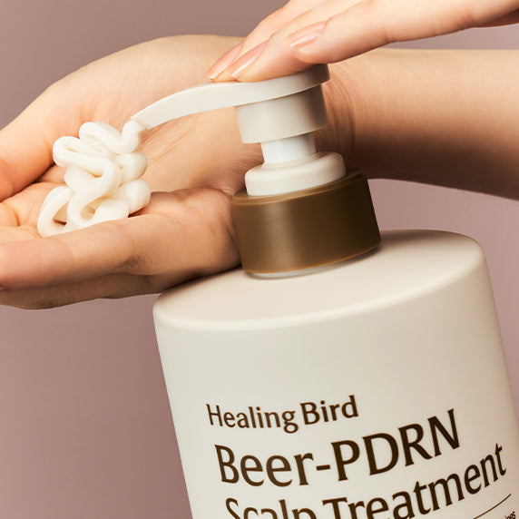 HEALING BIRD Beer PDRN Scalp Treatment 1000ml bottle with hand dispensing product.