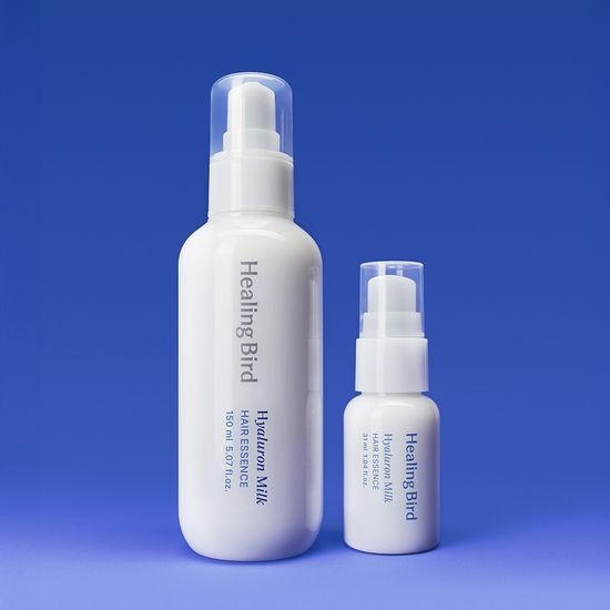HEALING BIRD Hyaluronic Milk Hair Essence 150ml bottles on blue background