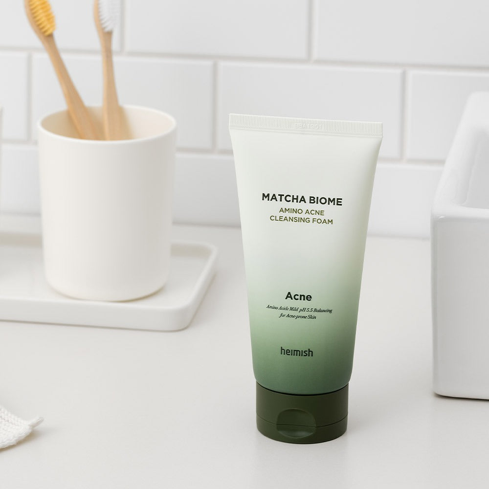 HEIMISH Matcha Biome Amino Acne Cleansing Foam 150g on bathroom counter
