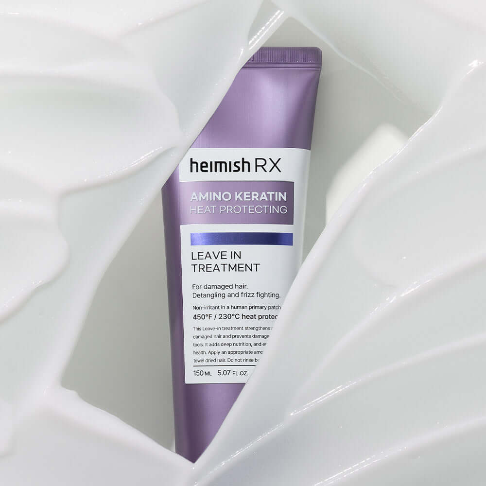 HEIMISH RX Amino Keratin Heat Protecting Leave-in Treatment 150ml tube on a white textured background.
