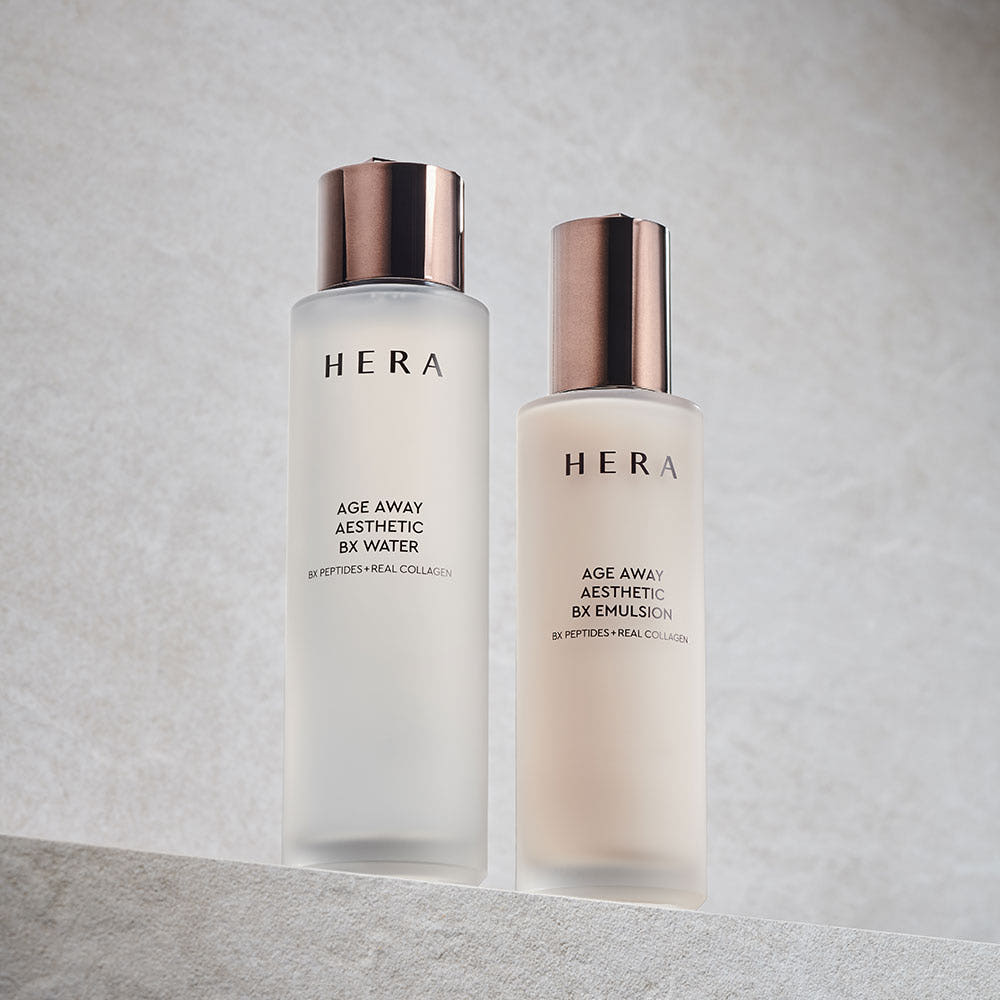 HERA Age Away Aesthetic BX Water 150ml bottle on a shelf with BX Emulsion