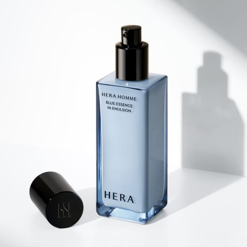 HERA Homme Blue Essence in Emulsion 110m - Gentleman Korea product shot of light blue bottle for men’s skincare