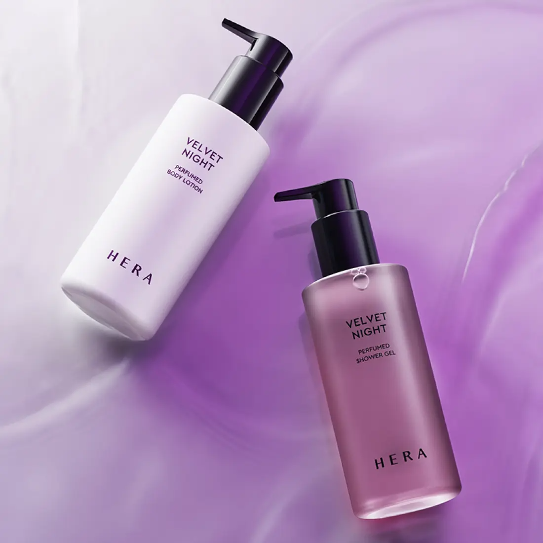 HERA Velvet Night Perfumed Body Lotion 230ml with lavender background showcasing elegance