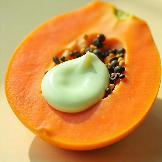 HERBLOOM Green Papain Soft Peeling Gel 120g, shown on a fresh papaya, highlighting natural ingredients for exfoliation and skin renewal.