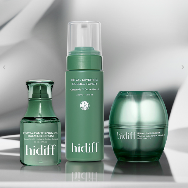 HIDIFF Royal Layering Bubble Toner & Royal Finish Cream & Royal Panthenol 3% Calming Serum displayed on reflective surface