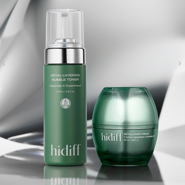 HIDIFF Royal Layering Bubble Toner & Royal Finish Cream bottles on a reflective surface, showcasing luxury skincare products