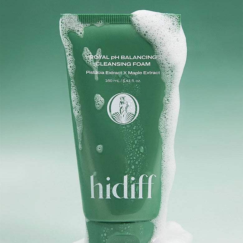 HIDIFF Royal Mildly Acidic Cleansing Foam 160ml product image on green background, featuring foam-covered packaging.