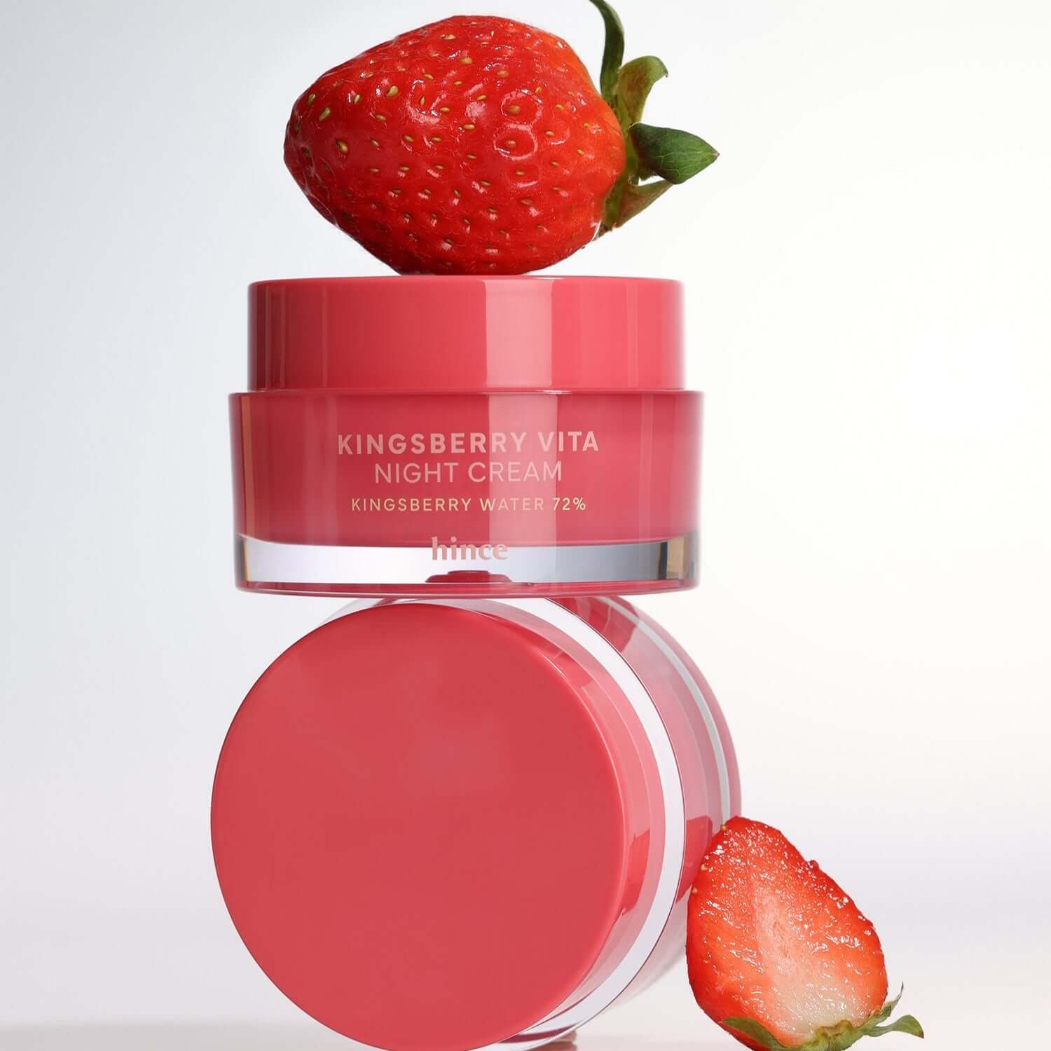 HINCE Kingsberry Vita Night Cream jar with strawberries, showcasing rich ingredients and luxurious skincare benefits.