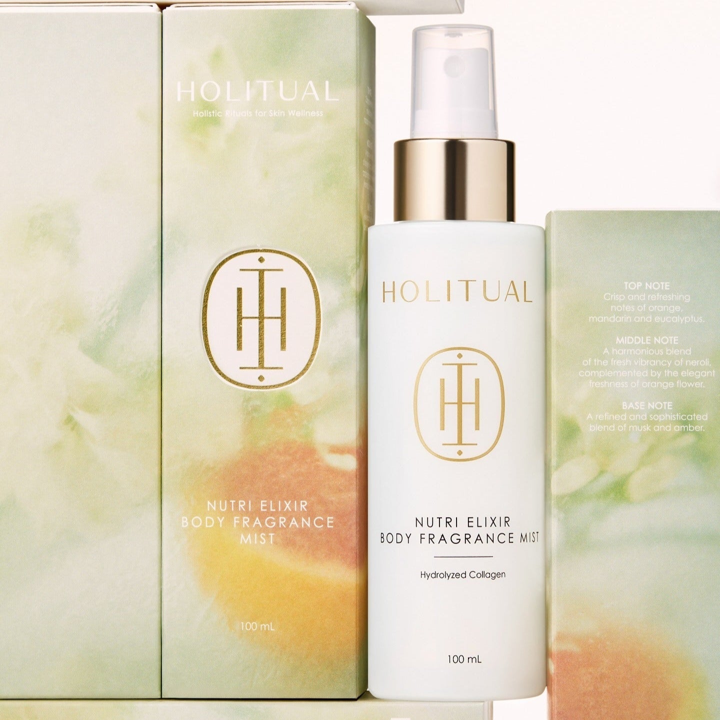 HOLITUAL Nutri Elixir Body Fragrance Mist 100ml perfume bottle displayed with packaging.