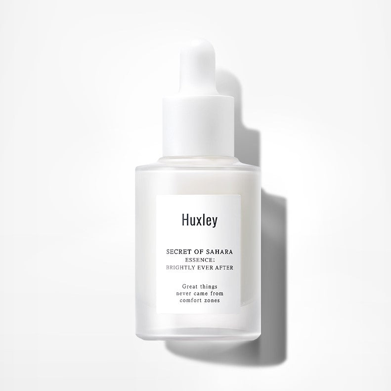 HUXLEY Essence Brightly Ever After 30ml skincare bottle with dropper for radiant skin care routine.