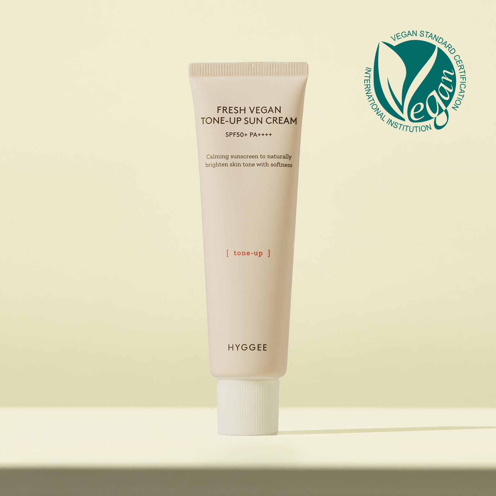 HYGGEE Fresh Vegan Tone-Up Suncream SPF50+ 50ml packaging with vegan certification label