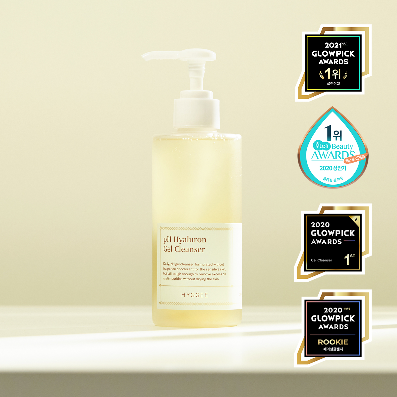Image of HYGGEE pH Hyaluron Gel Cleanser 200ml with award badges.