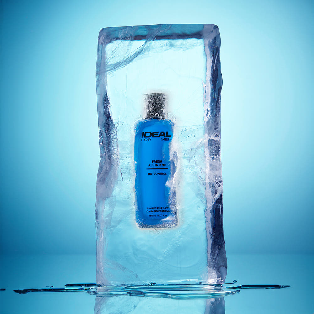 IDEAL FOR MEN Fresh All-in-One 150ml bottle frozen in clear ice block for refreshing Korean men's skincare by Gentleman Korea