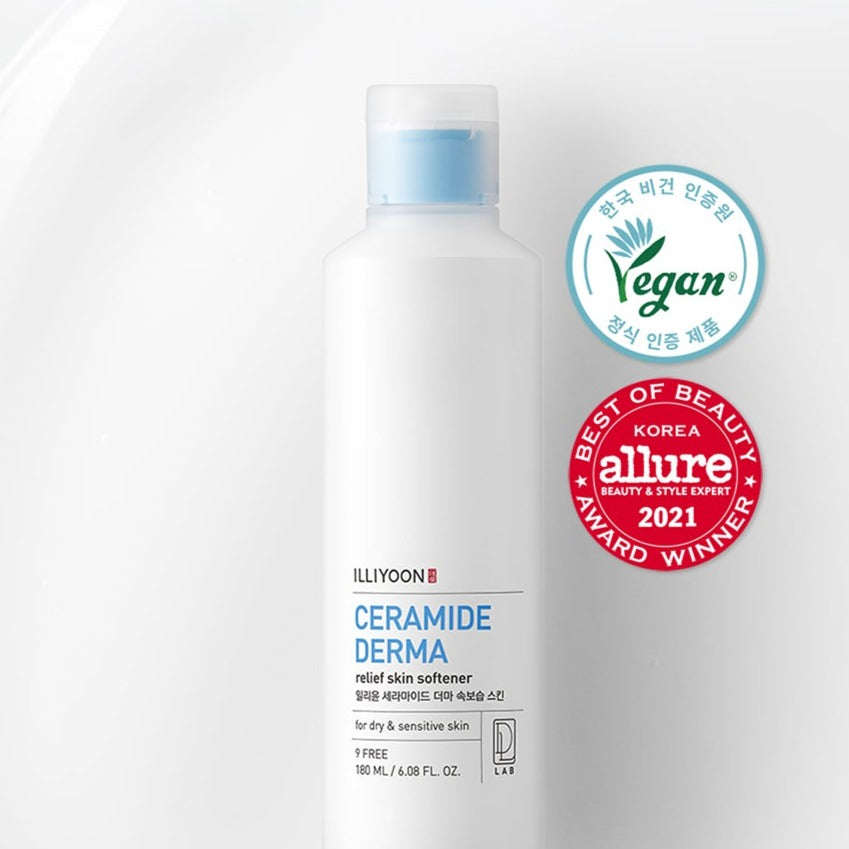 ILLIOON Ceramide Derma Relief Skin Softener 180ml bottle with vegan and award-winning badges