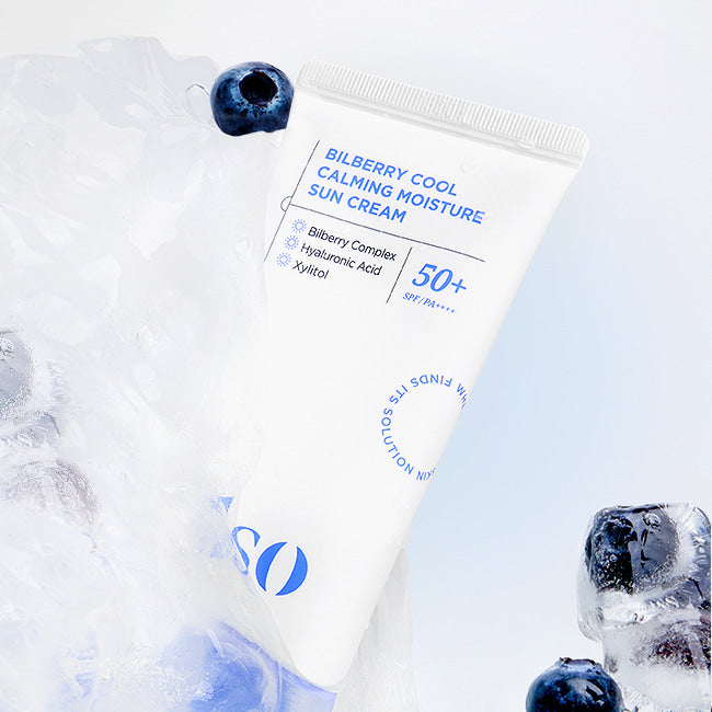 ILSO Bilberry Cool Calming Moisture Sunscreen with bilberry and hyaluronic acid in ice-themed setting