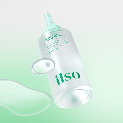 ILSO No Trouble Spot Softemer 150g bottle with applicator, skin care product against spots, isolated on a light background