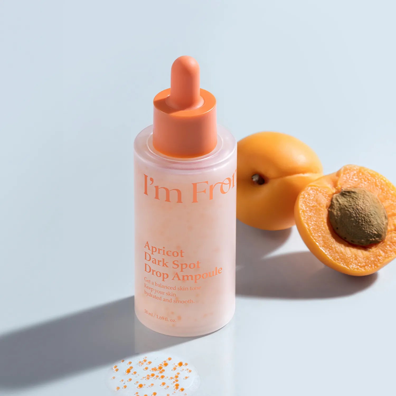 I'M FROM Apricot Dark Spot Drop Ampoule 50ml with apricot fruits in background, skincare product for reducing dark spots.