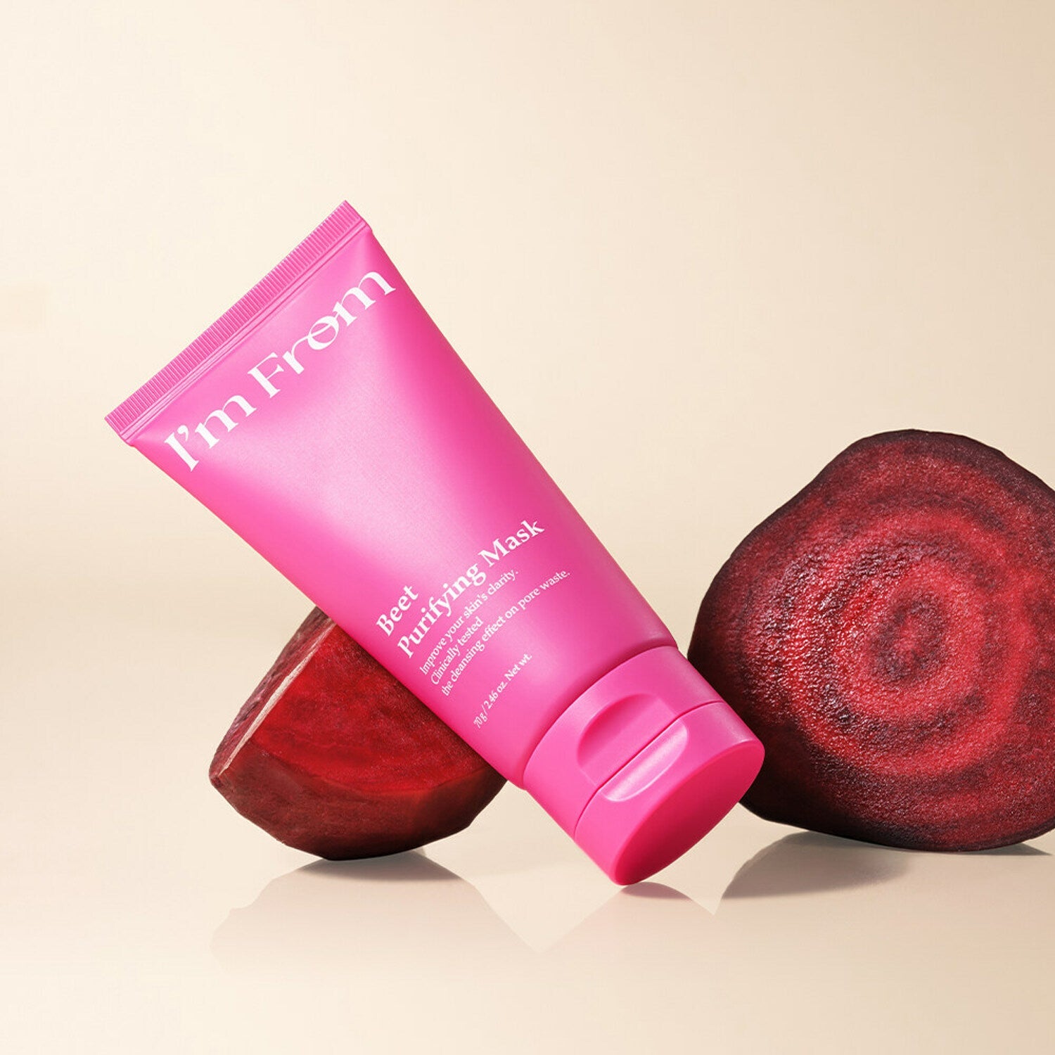 I'M FROM Beet Purifying Mask 70g with fresh beet slices in a skincare photoshoot setting