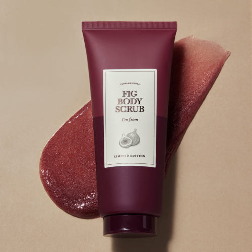 I'M FROM Fig Body Scrub 200ml tube on beige background with exfoliating scrub