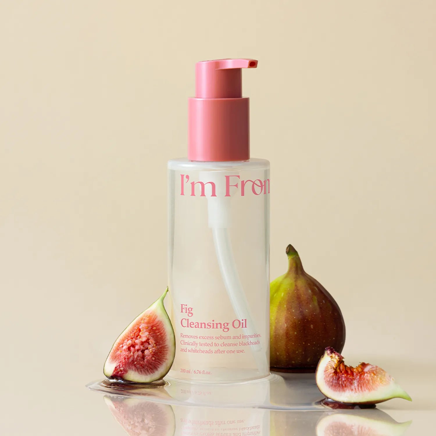 I'M FROM Fig Cleansing Oil 200ml bottle with fresh figs, emphasizing skincare benefits and natural ingredients.