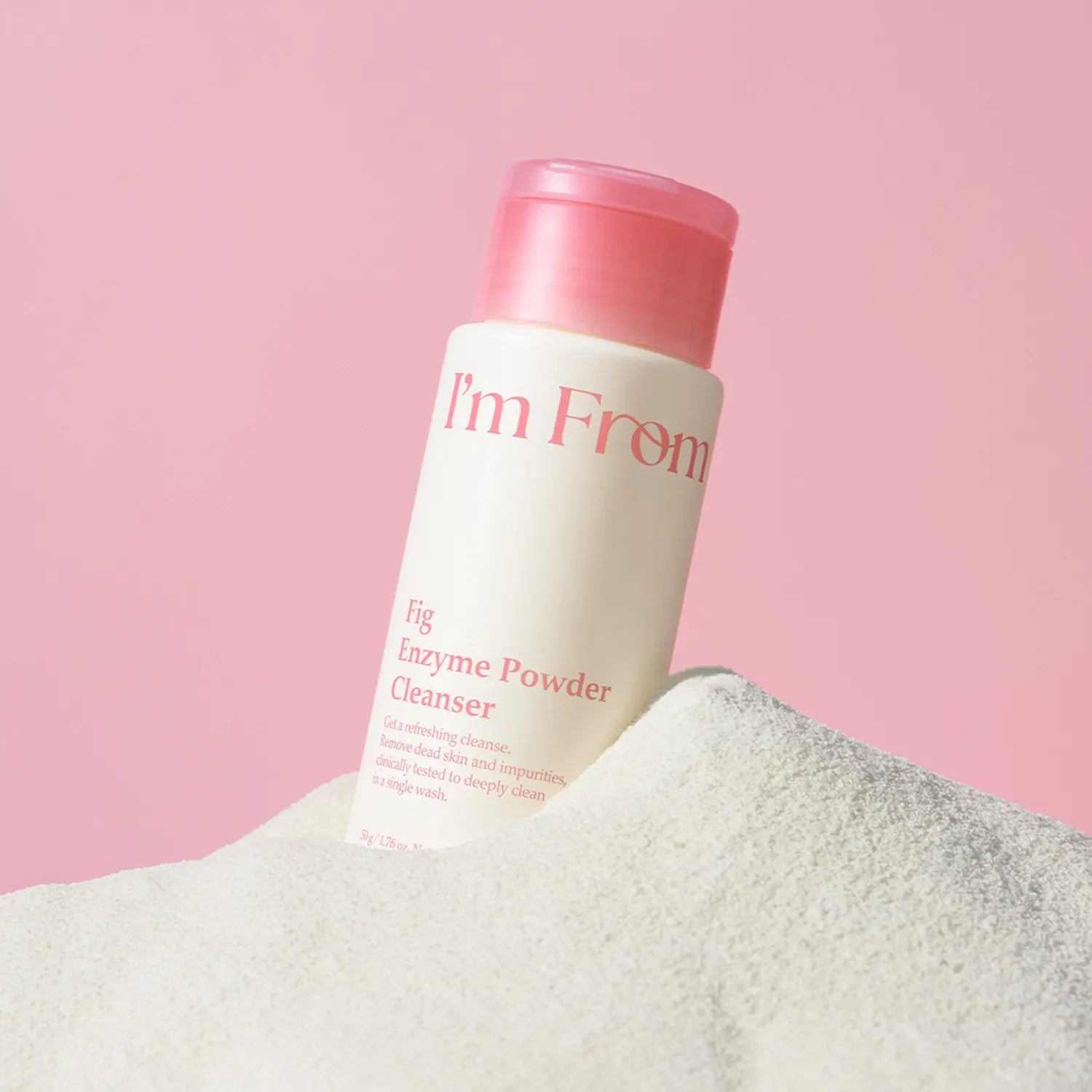 I'M FROM Fig Enzyme Powder Cleanser 50g product image on pink background.